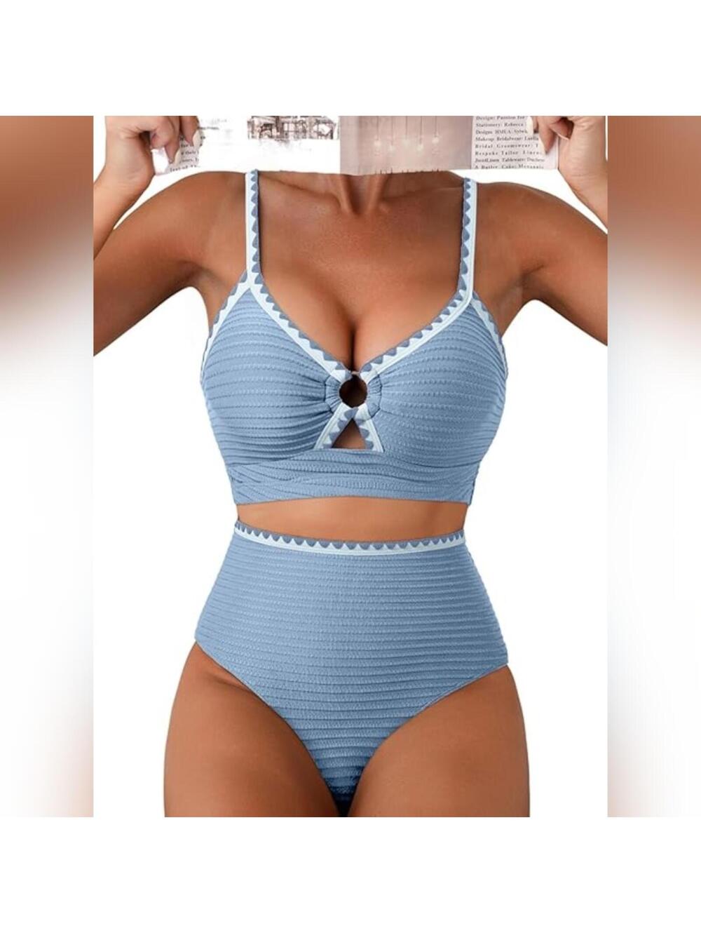 NWOT Herseas 2 Piece Textured O Ring Whip Stitch High Waisted Swimsuit, XL (16)